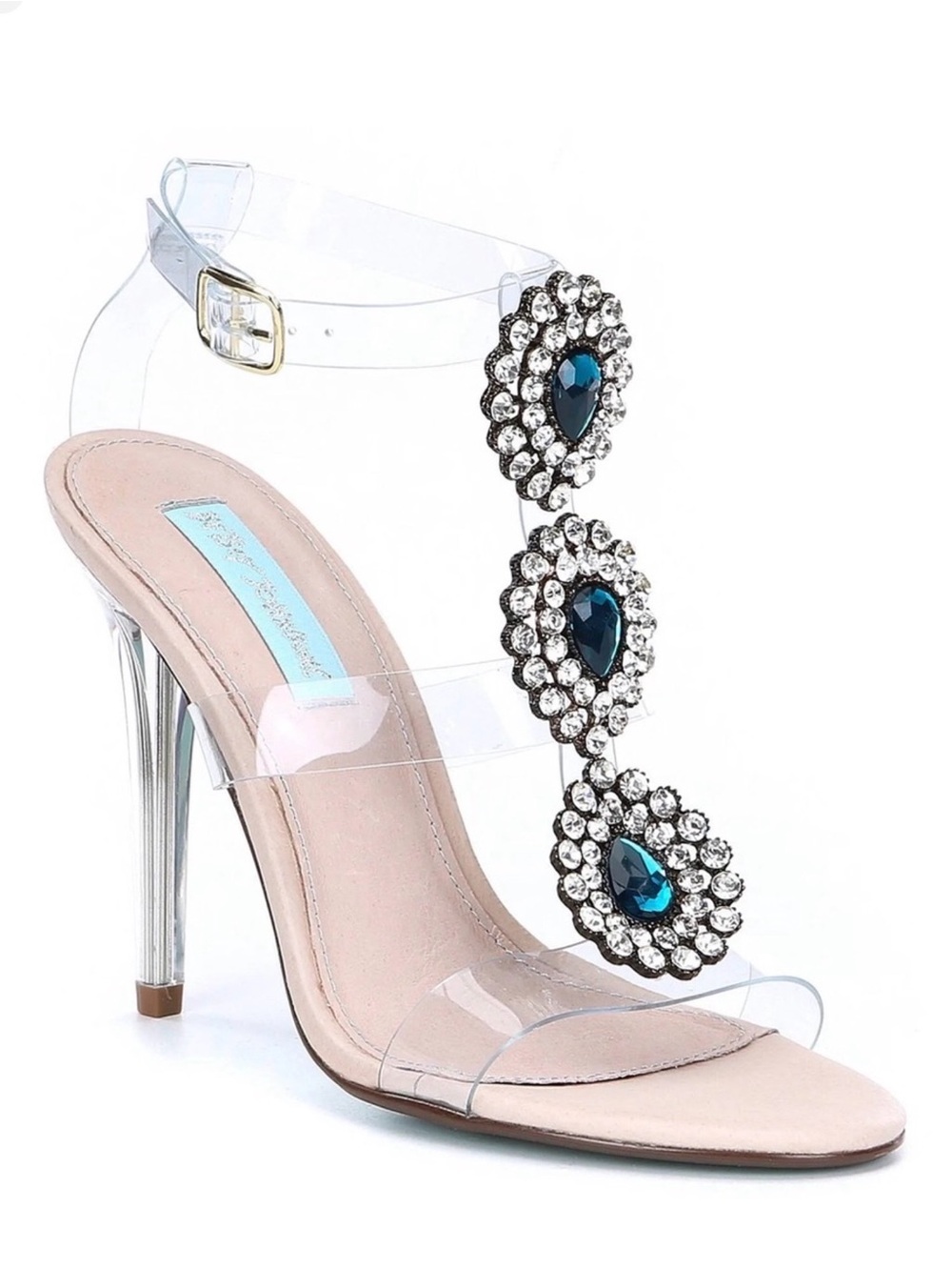 Betsey Johnson Clear Strap Heels with Blue Teardrop Rhinestones